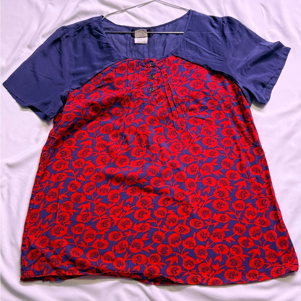 Floral Red and Blue 75.6% Cotton 24.4% Mulberry Silk Women's Top